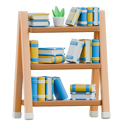 Wooden Ladder Shelf Display With Blue Yellow Books And Small Potted Plant 3d model