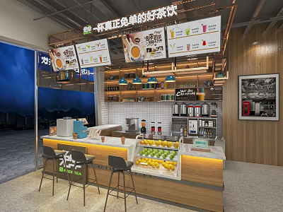 Modern Milk Tea Shop Interior With Fresh Fruits Display Menu Boards And Seats 3d model