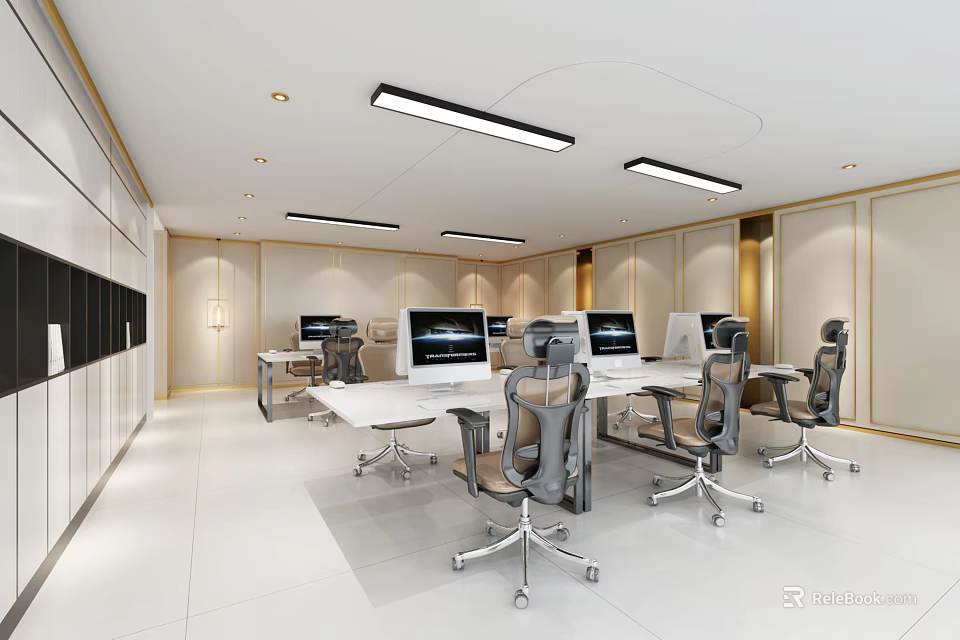 Modern Public Office Space With Bright LED Lighting Multiple Desks And Computer Monitors 3d model