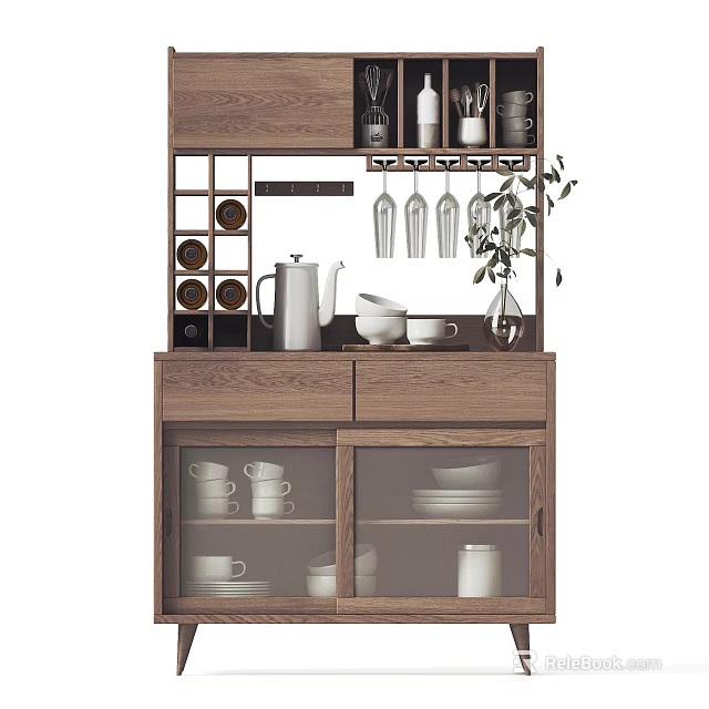 Wooden Sideboard With Glass Doors Shelves Wine Glasses Tableware And Green Plant 3d model 
