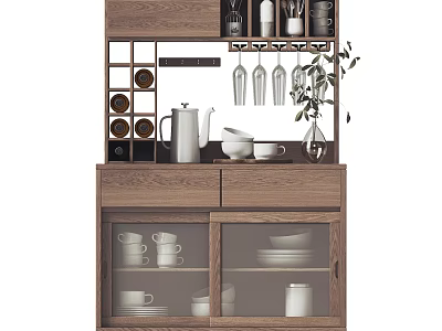 Wooden Sideboard With Glass Doors Shelves Wine Glasses Tableware And Green Plant 3d model