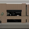 Modern Wooden Wine Cabinet Interior With Black Marble Countertop Wine Glasses And Palm Plant