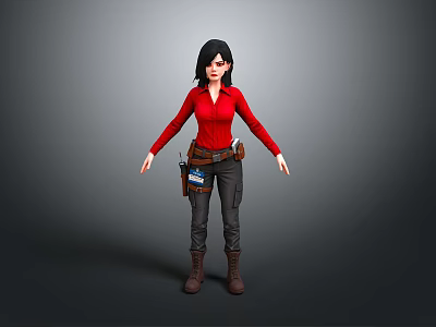 Woman In Red Shirt Gray Pants And Brown Boots With Tool Belt 3d model