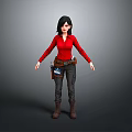 Woman In Red Shirt Gray Pants And Brown Boots With Tool Belt