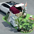 Outdoor Floral Installation With Car Trunk Canopy Cart Tent And Lawn Furniture