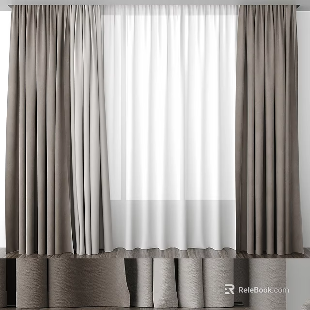 Gray Curtains With White Sheer Panels For Modern Room Window Interior 3d model