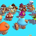 Colorful Cartoon Scene with Various Mushroom Houses Windmill and Small Elements like Trees Barrels