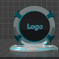 Modern Commercial Equipment Display With Circular Logo And Blue Glowing Metal Frame Stand