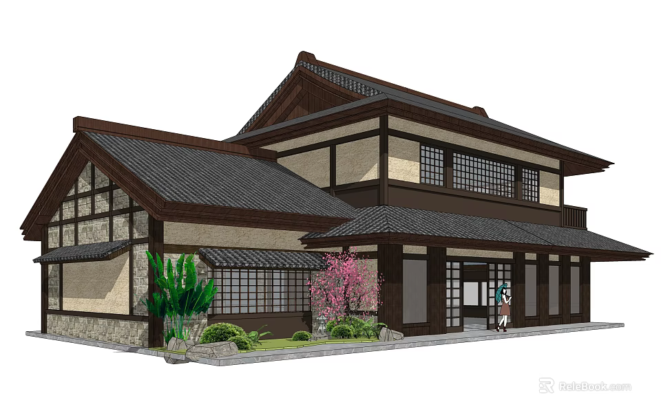 Traditional Japanese Style Commercial Complex With Wooden Structure Lattice Windows And Garden Plants 3d model 
