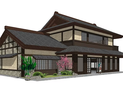 Traditional Japanese Style Commercial Complex With Wooden Structure Lattice Windows And Garden Plants 3d model
