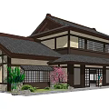 Traditional Japanese Style Commercial Complex With Wooden Structure Lattice Windows And Garden Plants