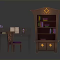 Home Interior Wooden Desk Chair Purple Cushion And Decorative Bookshelf With Books