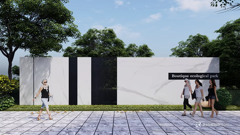 Boutique Ecological Feature Wall With Trees Stone Pavement And People Walking 3d model 