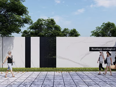 Boutique Ecological Feature Wall With Trees Stone Pavement And People Walking 3d model