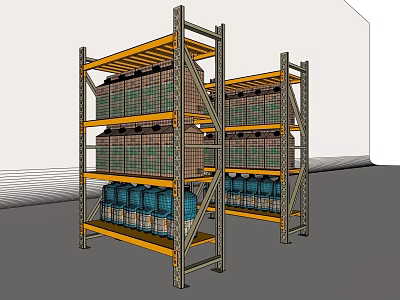 Industrial Style Metal Storage Racks With Multiple Layers Holding Stacked Storage Buckets 3d model