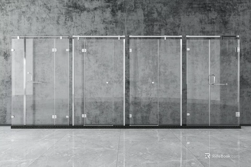 Modern Interior Glass Sliding Doors With Metal Handles On Gray Textured Wall And Smooth Tiles 3d model 