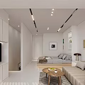 Bright Modern Minimalist Open Dining And Living Room With Cozy Sofas And Storage Cabinets