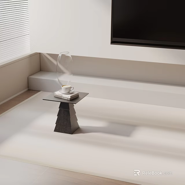 Sleek Modern Side Table With Stone Base Glass Vase And Coffee Cup In Living Room 3d model 