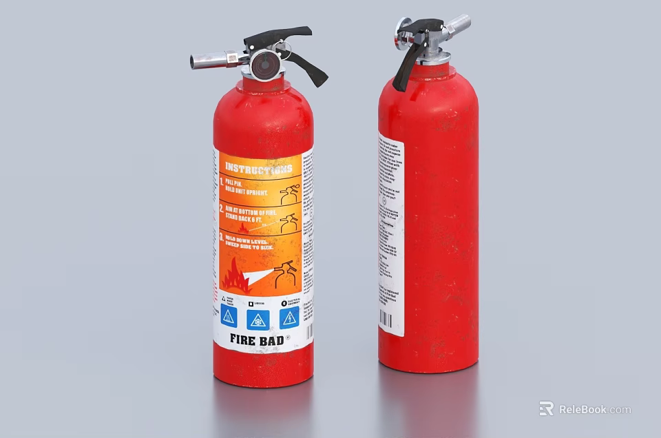 Two Red Fire Extinguishers With Instruction Labels On Gray Surface 3d model