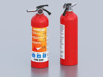 Two Red Fire Extinguishers With Instruction Labels On Gray Surface 3d model