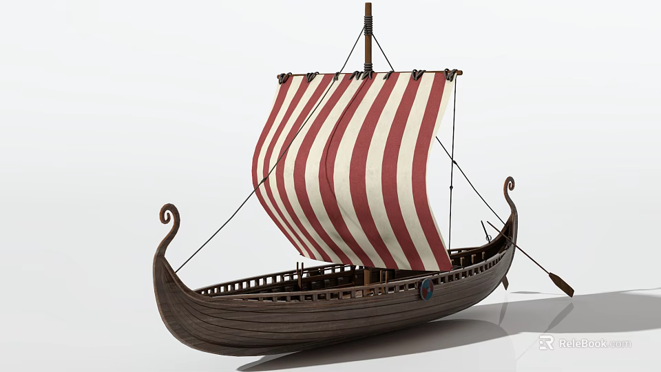 Wooden Viking Ship With Red And White Striped Sail And Carved Wooden Hull Design 3d model 