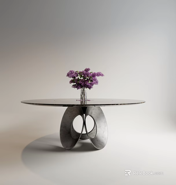 Round Marble Top Dining Table With Unique Metal Base And Purple Flower Vase 3d model 