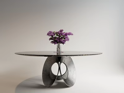 Round Marble Top Dining Table With Unique Metal Base And Purple Flower Vase 3d model