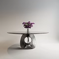Round Marble Top Dining Table With Unique Metal Base And Purple Flower Vase