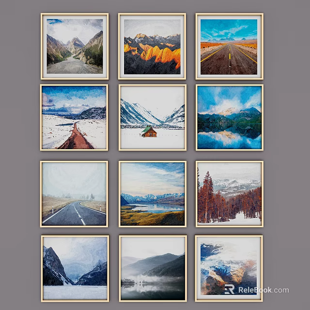 Stunning Landscape Paintings with Mountain Road Lake Forest and Snowy Scenery Displayed in Frames 3d model 