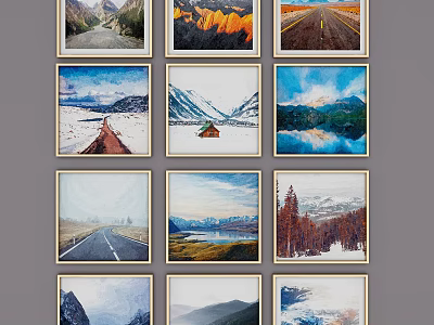 Stunning Landscape Paintings with Mountain Road Lake Forest and Snowy Scenery Displayed in Frames 3d model