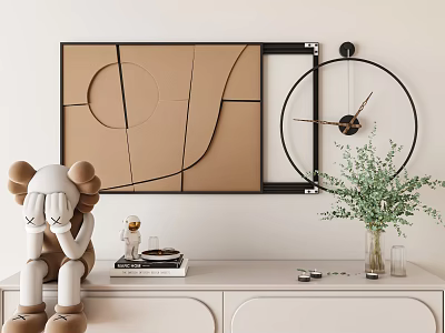 Modern Minimalist Wall Decor With Geometric Pattern Artwork And Round Black Frame Clock Gold Hands 3d model