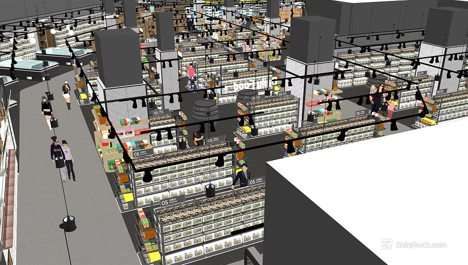 Supermarket Department Store Interior With Organized Shelves Shoppers And Diverse Products 3d model 