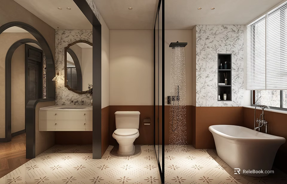 Modern Bathroom Interior With Toilet Bathtub Shower Area Marble Walls And Patterned Floor Tiles 3d model 