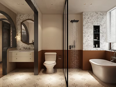 Modern Bathroom Interior With Toilet Bathtub Shower Area Marble Walls And Patterned Floor Tiles 3d model