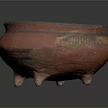 Artistic Red Three Legged Pottery Sculpture With Black Carved Decorative Patterns