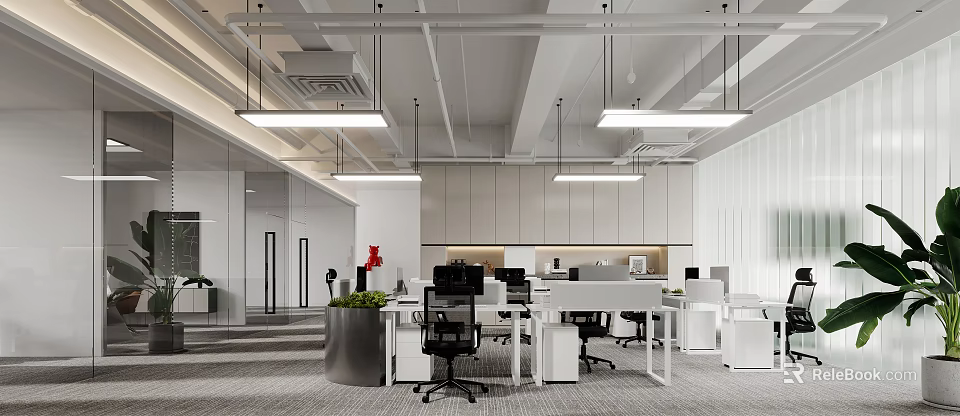 Modern Public Office Space With White Desks Black Chairs And Greenery 3d model 