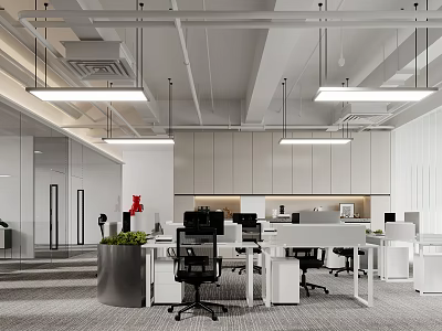 Modern Public Office Space With White Desks Black Chairs And Greenery 3d model