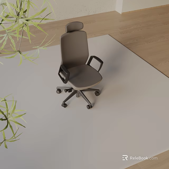 Ergonomic Gray Office Chair With Wheels And Green Plants On Light Carpet 3d model 