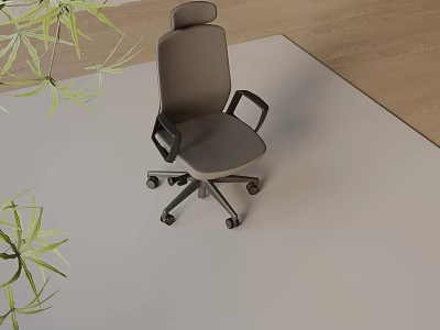 Ergonomic Gray Office Chair With Wheels And Green Plants On Light Carpet 3d model
