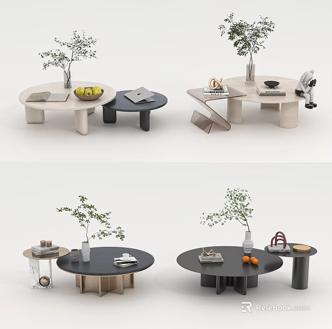 Modern Round Coffee Table Design With Plants Books And Decorative Items 3d model