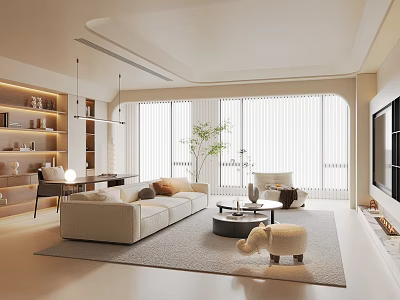 Modern Living Room Interior With Beige Sofa Round Coffee Table And Floor to Ceiling Windows 3d model