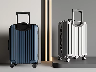 Modern Navy Blue And Silver Suitcases With Trolley Handles Rolling Wheels And Striped Design 3d model