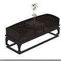 Traditional Dark Wood Luohan Bed With Carved Design Small Tea Table And Floral Vase