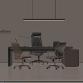Modern Office Desk Setup With Black Leather Chair Brown Chairs And Hanging Pendant Light