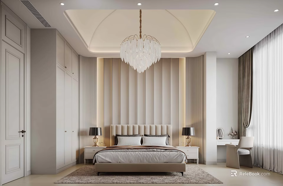 Modern Elegant Bedroom Interior Design With Crystal Chandelier Beige Headboard Wardrobe And Rug 3d model 