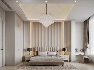 Modern Elegant Bedroom Interior Design With Crystal Chandelier Beige Headboard Wardrobe And Rug 3d model