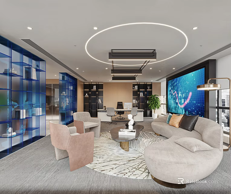 Modern Office Interior With Sofa Coffee Table Large Screen Plants And Circular Lighting 3d model 