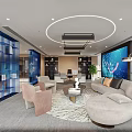Modern Office Interior With Sofa Coffee Table Large Screen Plants And Circular Lighting 3d model