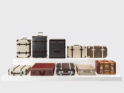 Vintage Luggage Collection Featuring Various Colors Sizes And Designs On Display Stand 3d model
