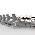 Modern Conference Table With Wheeled Chairs And Gray White Seats In Office Setting